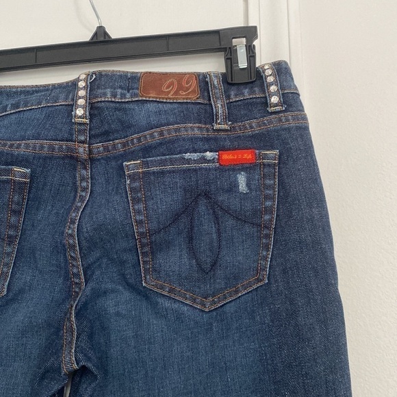 Level 99 flared leg darker denim jeans with rhinestone belt loops. - Picture 6 of 16